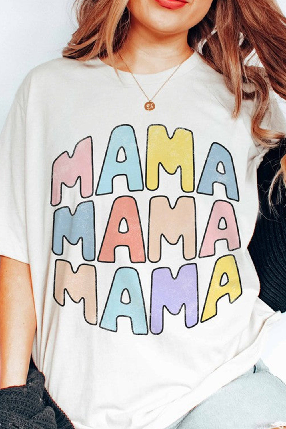 White MAMA Floral Block Graphic Casual T Shirt