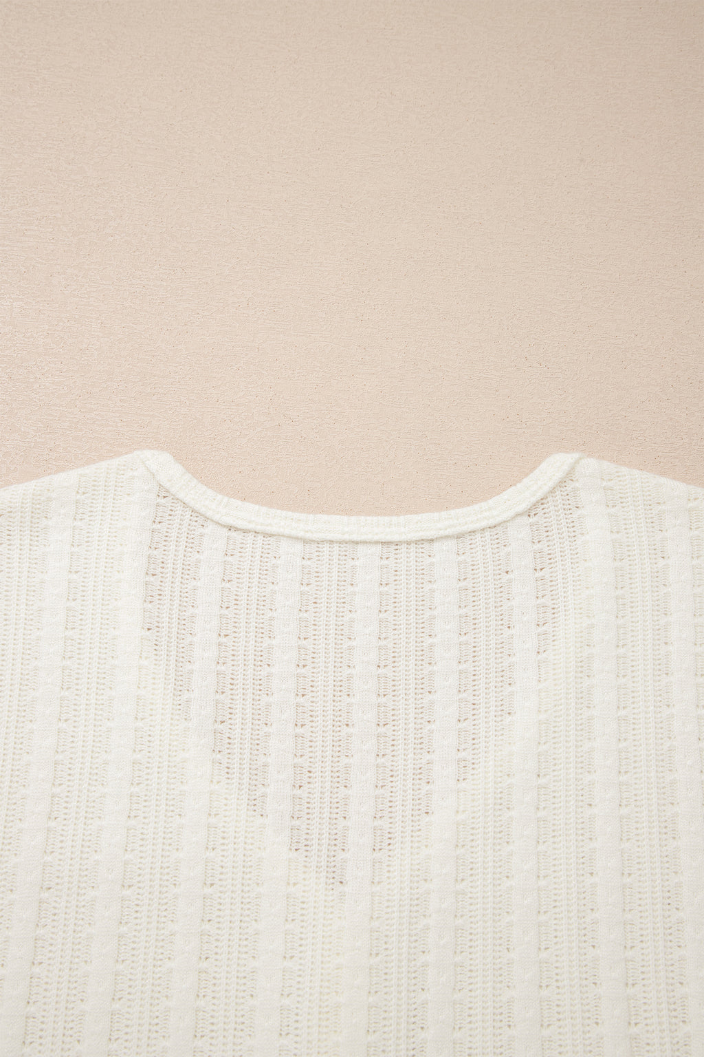 White Solid Color Textured Button V Neck Raw Seam Henley Tee