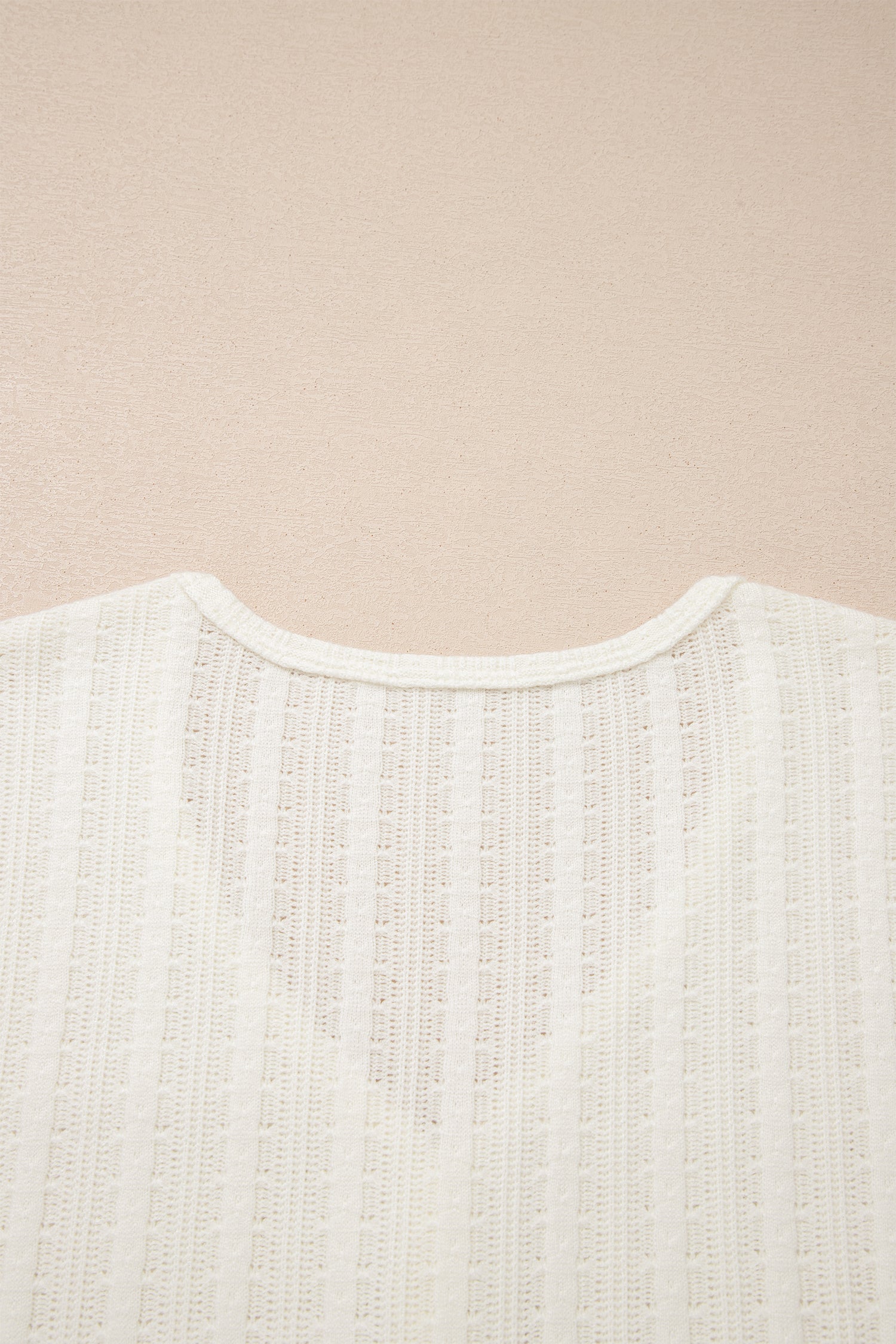 White Solid Color Textured Button V Neck Raw Seam Henley Tee