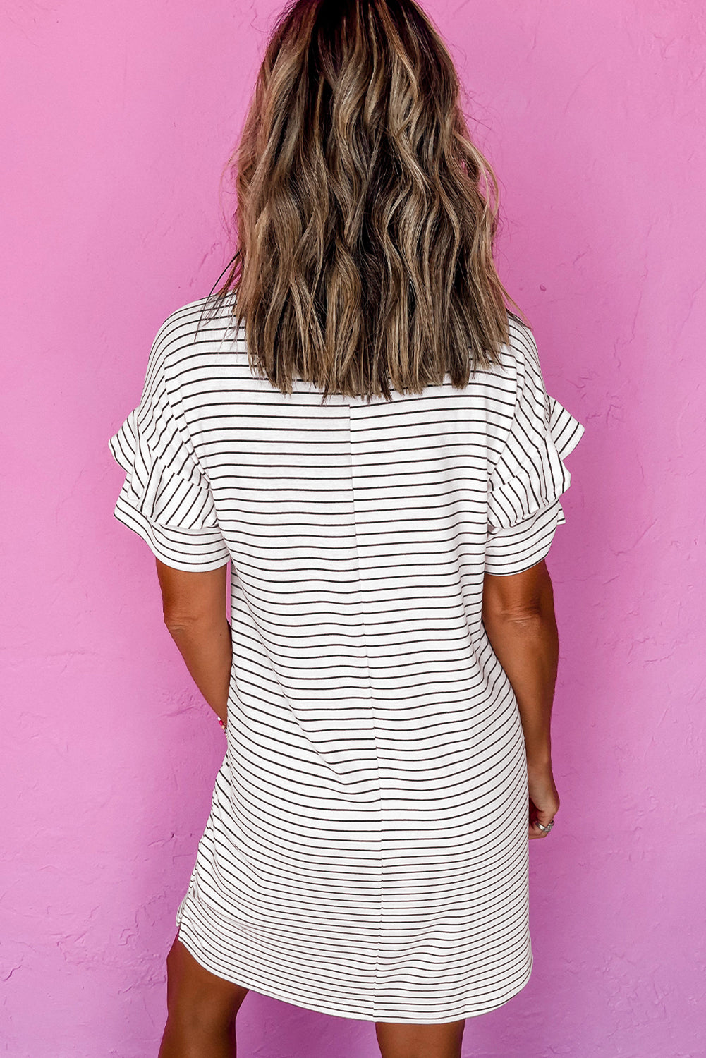 Black Stripe Ruffled Short Sleeve Crew Neck T Shirt Shift Mini Dress