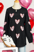 Black Corded Ribbed Love Heart Sequin Patched Graphic Sweatshirt