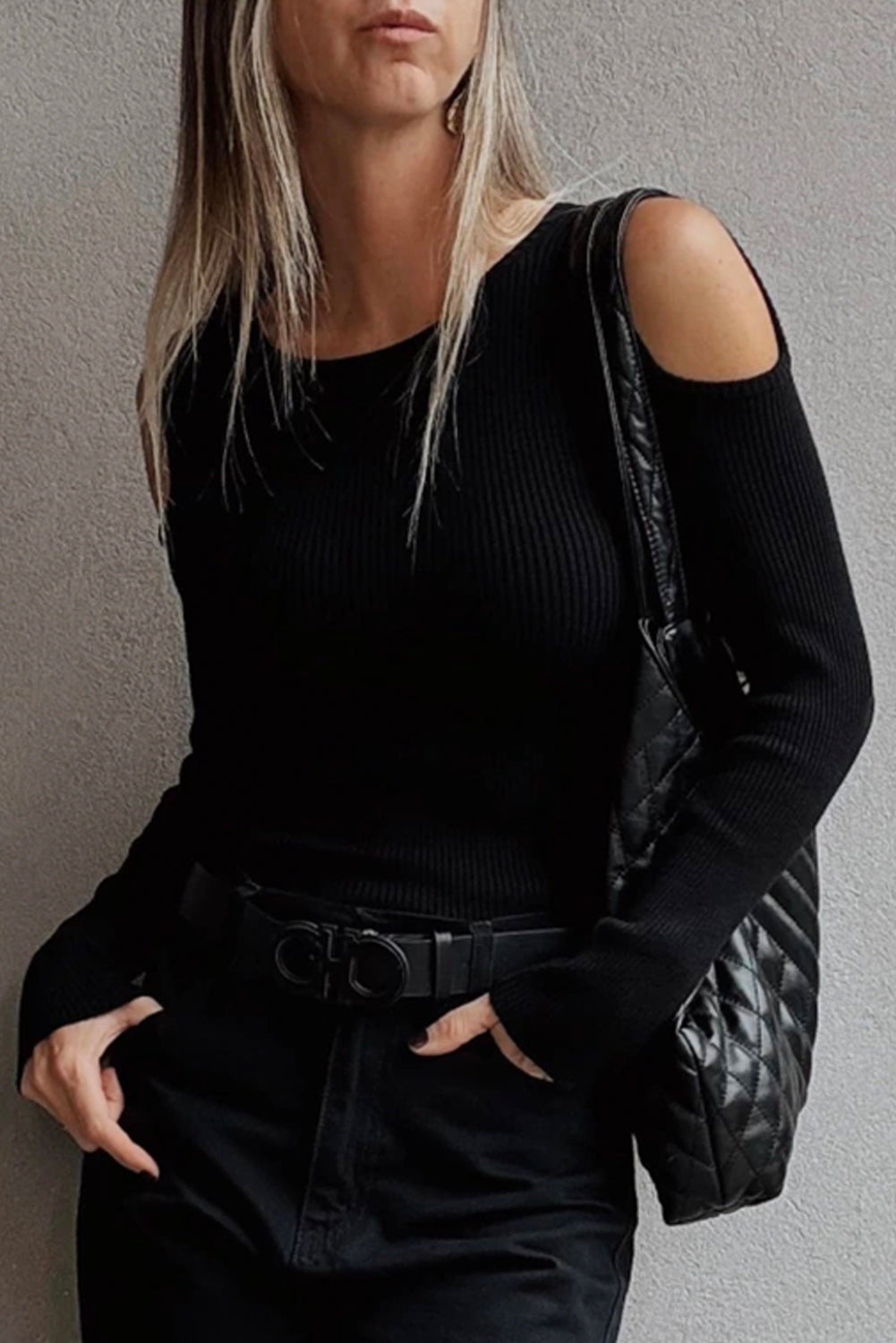 Black Ribbed Knit Cold Shoulder Sweater