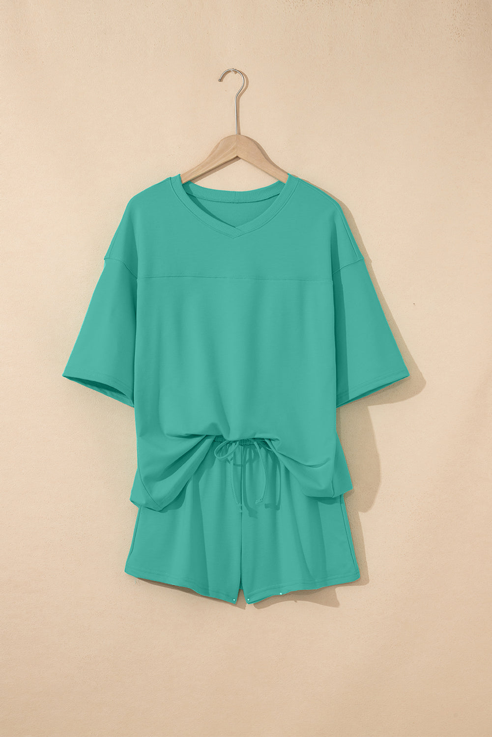 Meadow Mist Green Solid Loose V Neck Half Sleeve Tee and Shorts