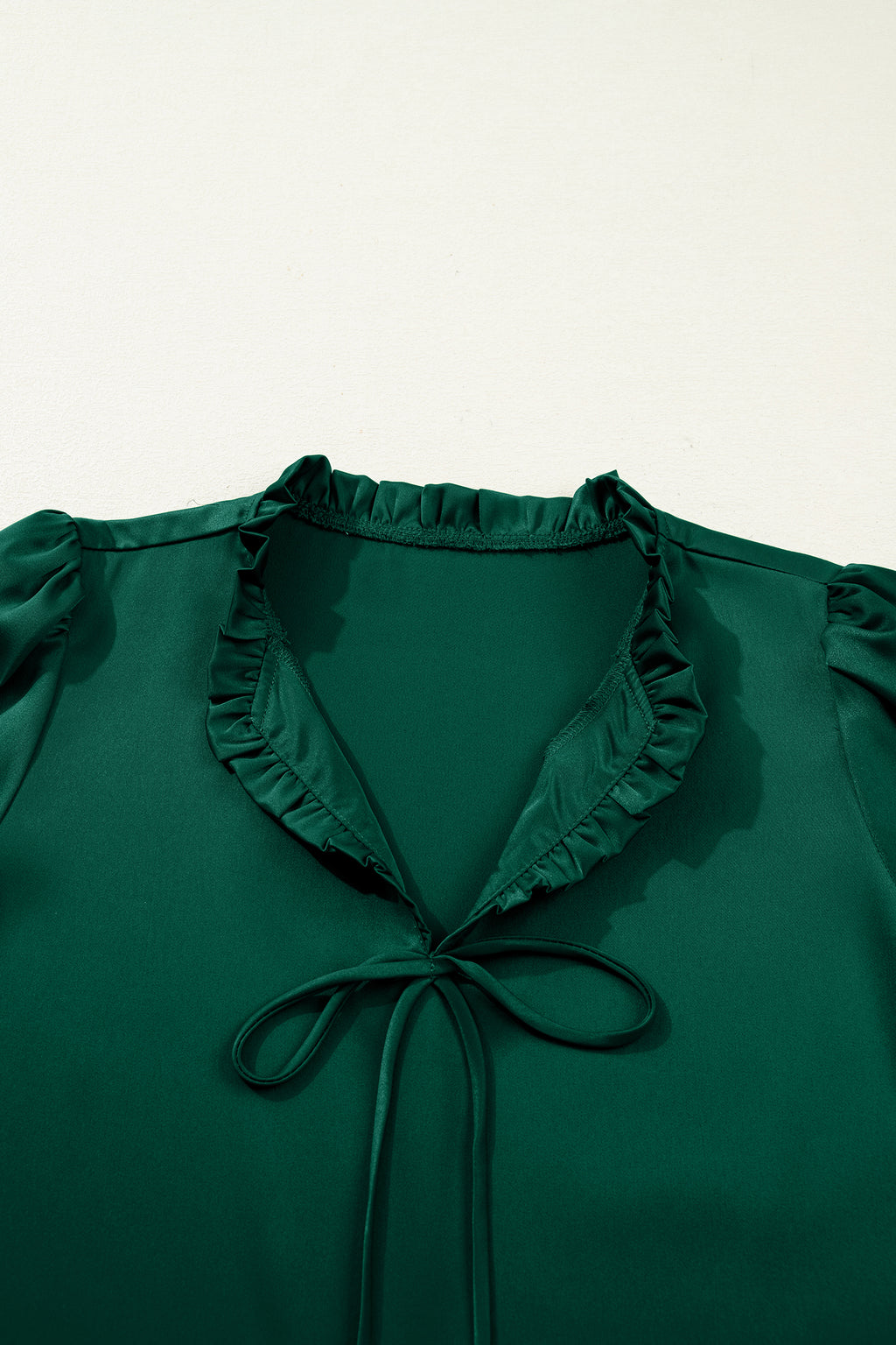 Fiery Red Solid Color Frilled V Neck Bow Detail 3/4 Sleeve Blouse