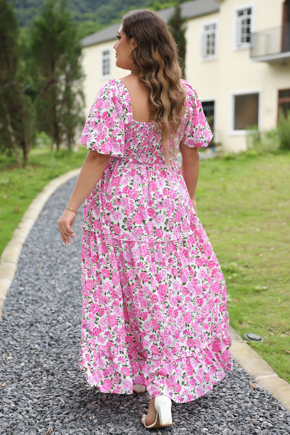 Pink Dainty Floral Smocked Puff Sleeve Flowy Long Dress