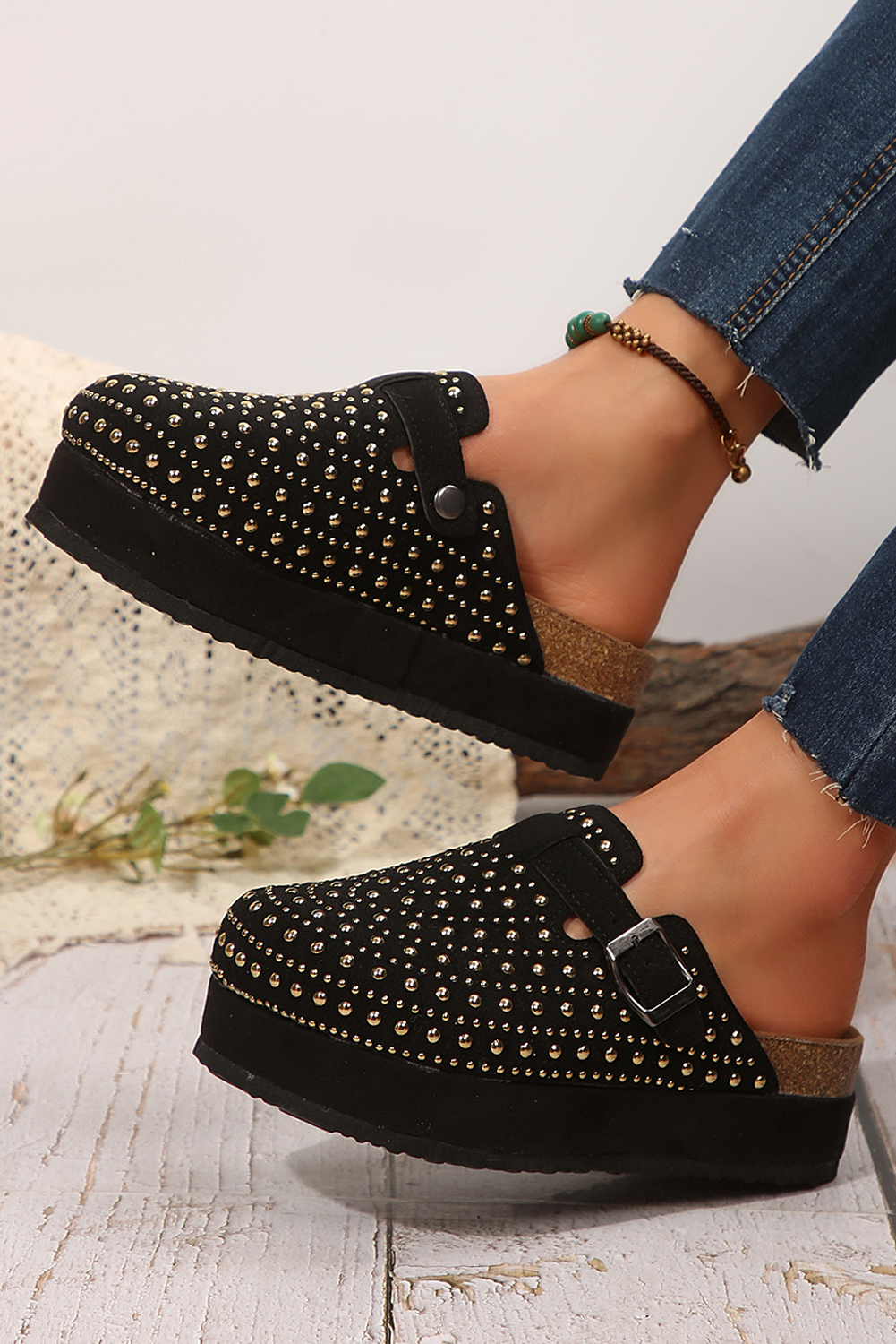 Parchment Rivet Buckle Closed Toe Platform Slippers