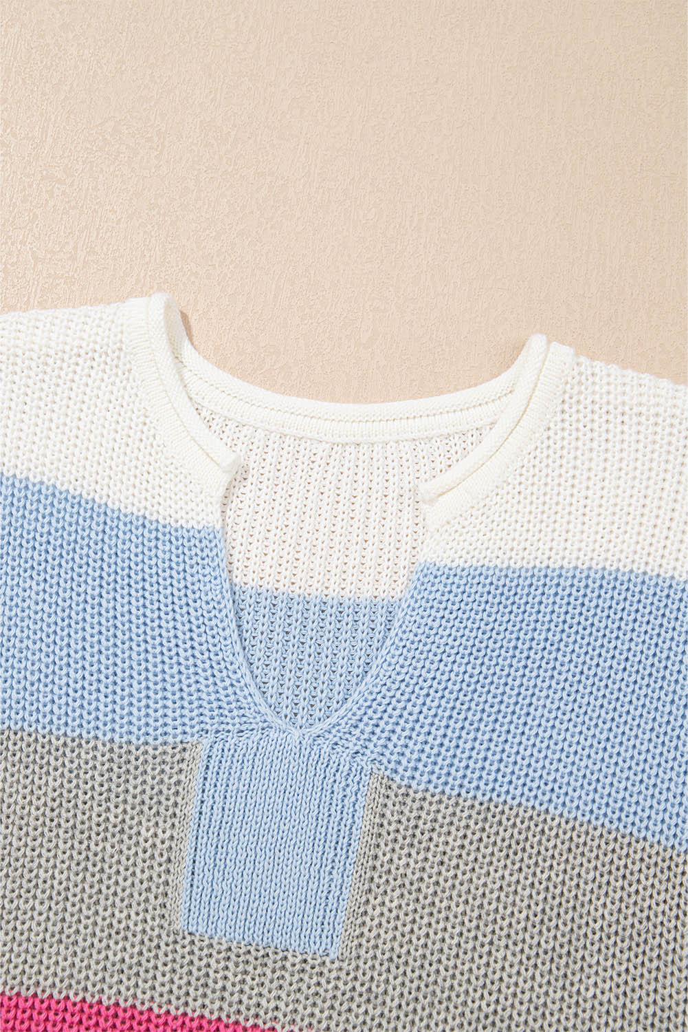 Pink Color Block Notch V Neck Sweater T Shirt