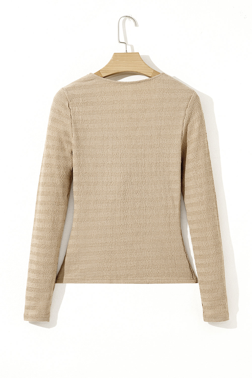 Moonlight Jade Textured Twist Front V Neck Long Sleeve Slim Solid Color Top
