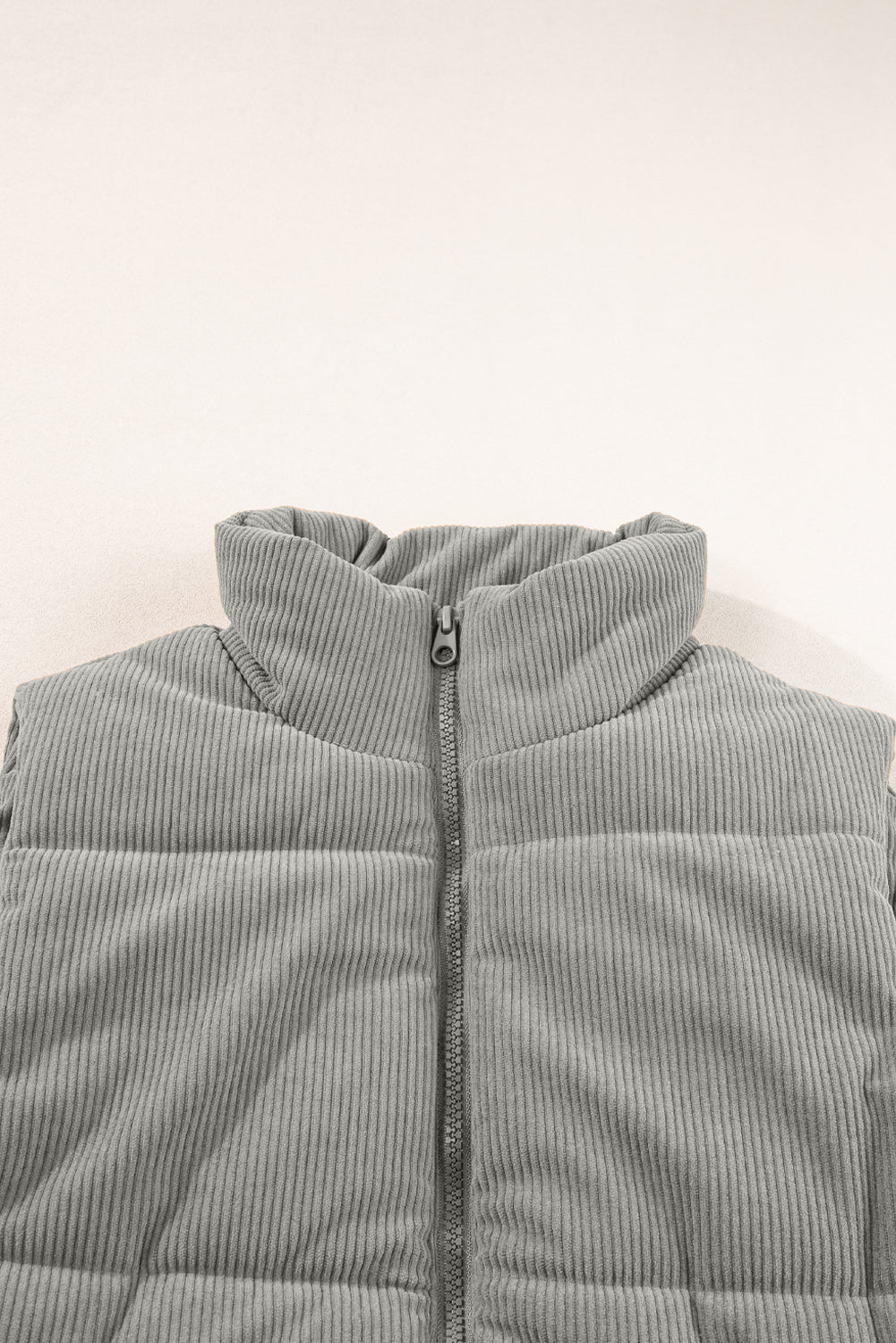 Beige Corduroy Stand Neck Zipped Puffer Vest