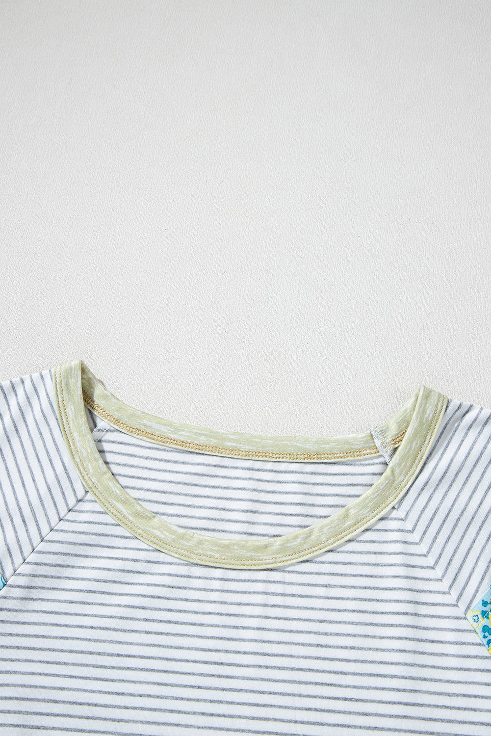 White Stripe Floral Insert Sleeves Contrast Round Neck Tee