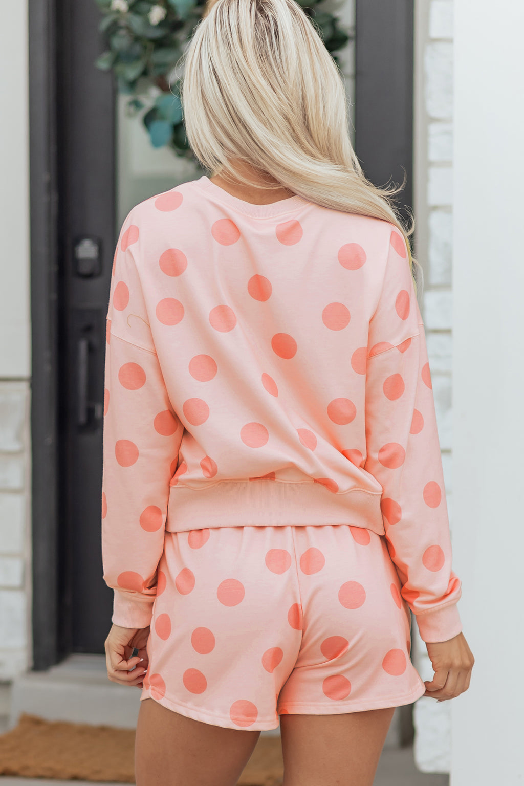 Beige Polka Dot Print Drop Shoulder Pullover Drawstring Jogger Pant Set