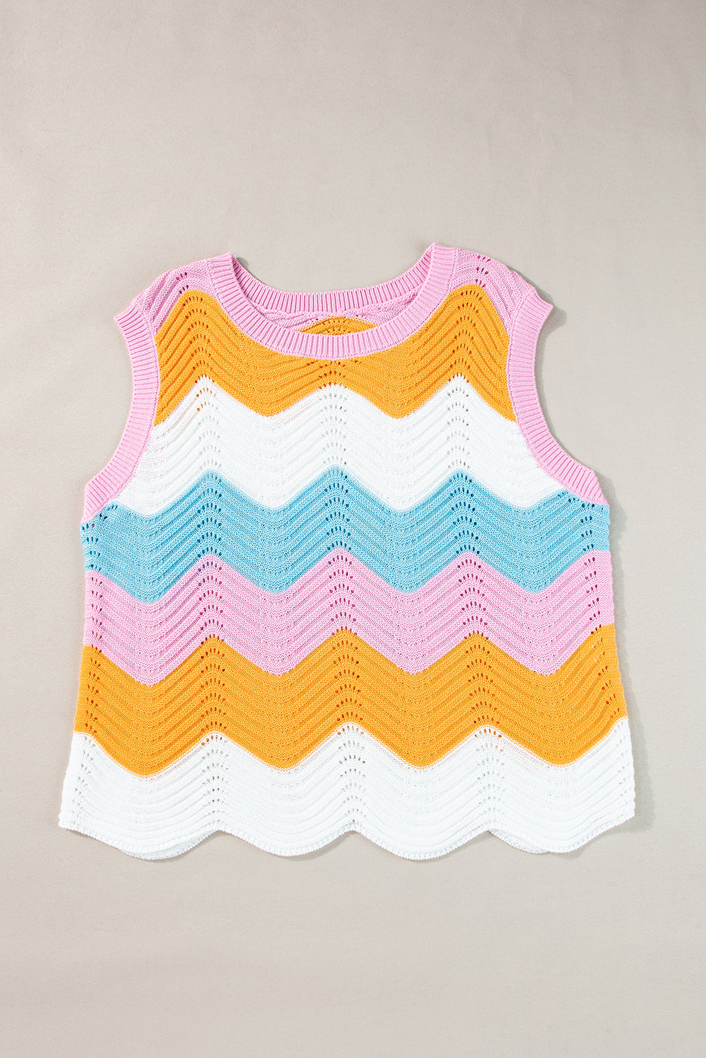 Multicolour Wavy Striped Print Textured Knit Sleeveless Sweater Top