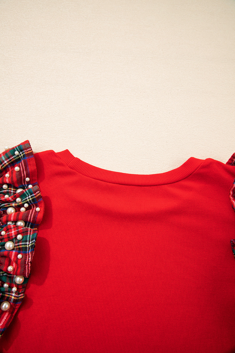 Red Festive Plaid Pearl Embellished Ruffle Short Sleeve Blouse