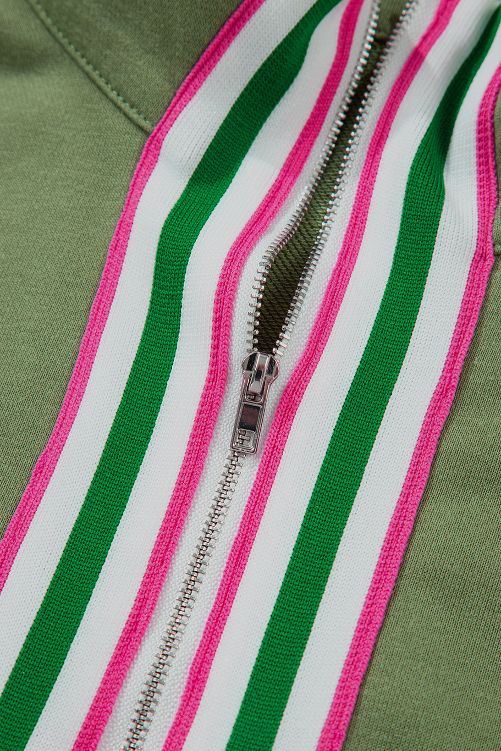 Light Grey Contrast Striped Patchwork Zip Collar Pullover Sweatshirt