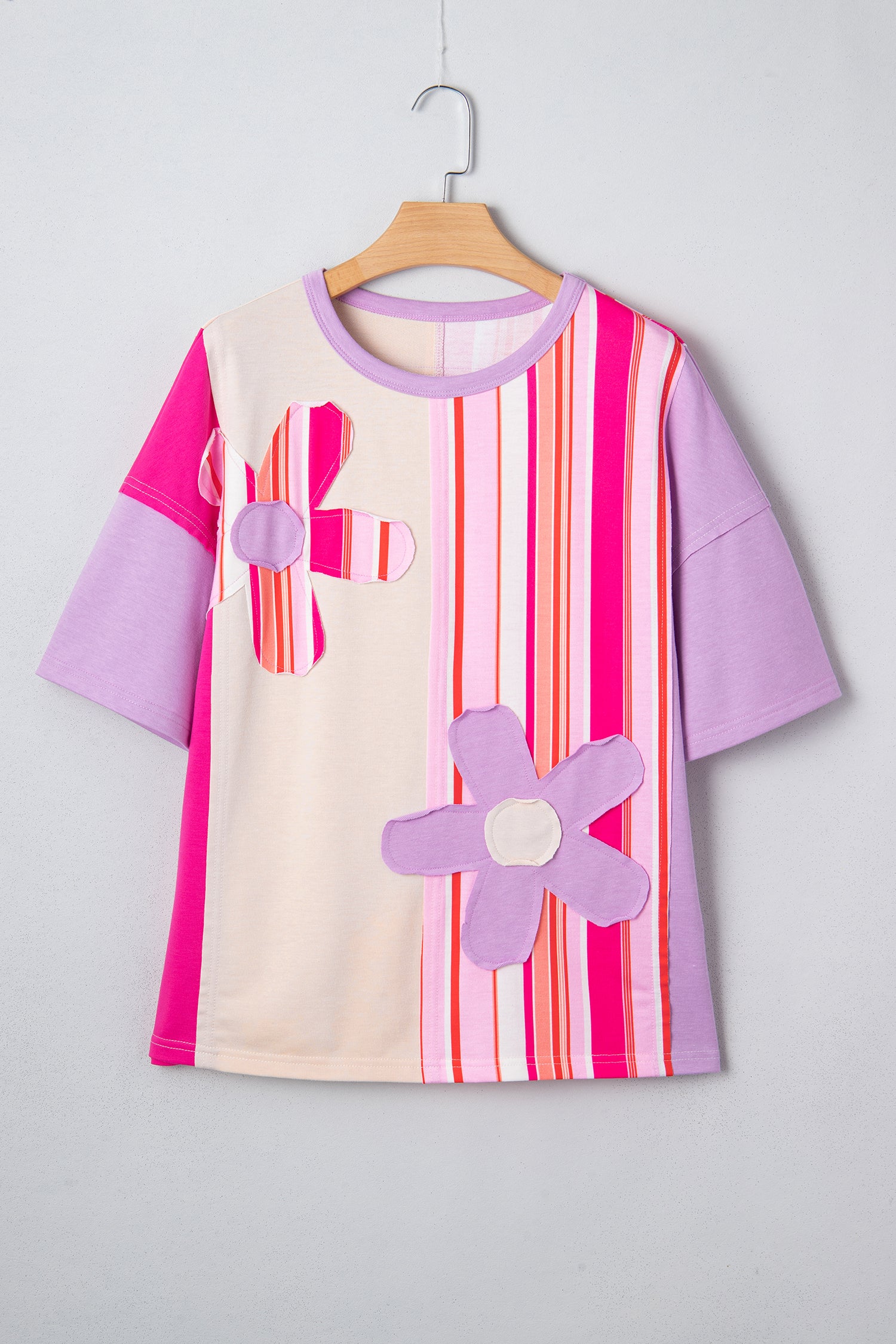 Pink Striped Color Block Flower Patched Half Sleeve Loose Top