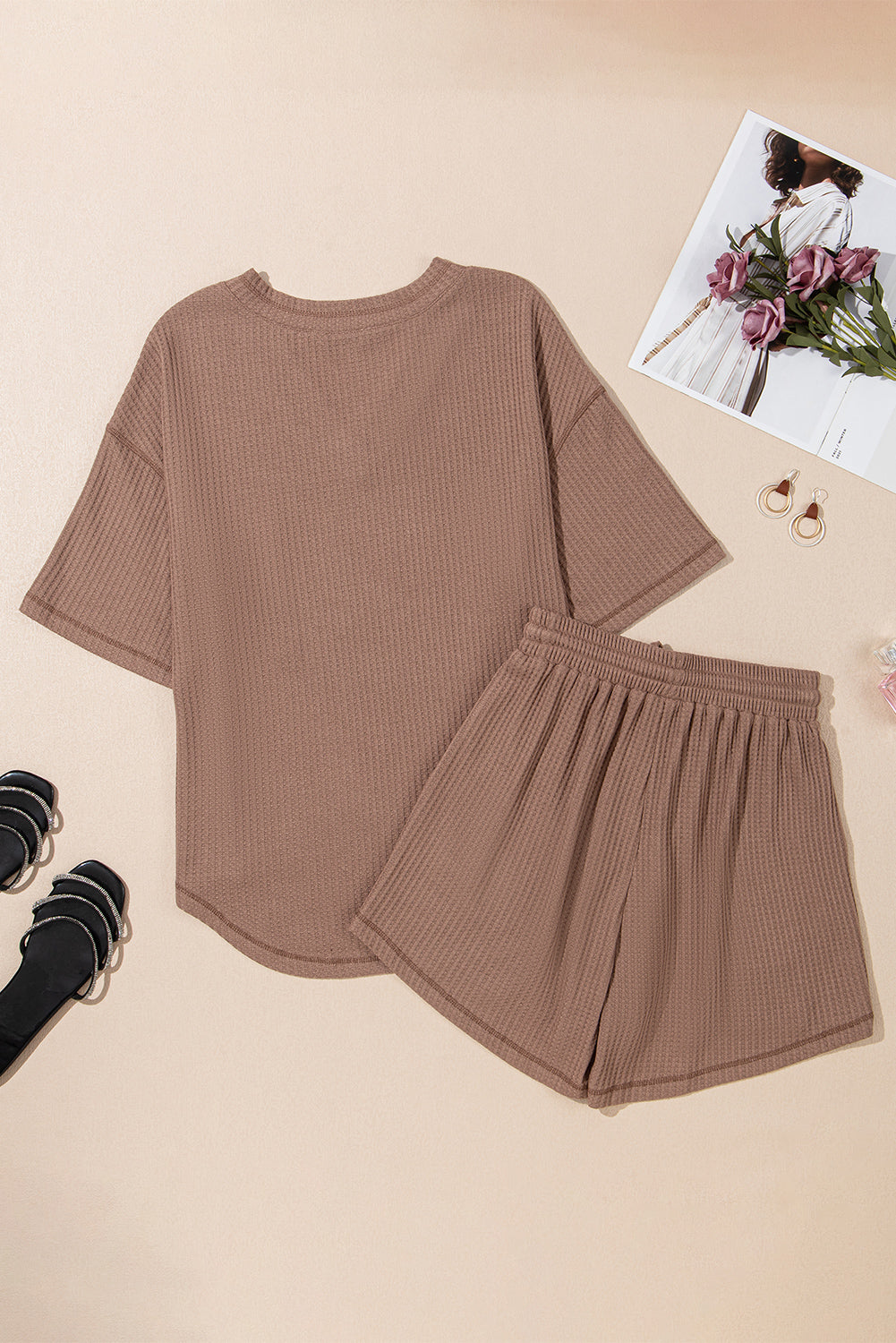 Rose Red Solid Color Waffled V Neck Loose Tee Drawstring Shorts Set