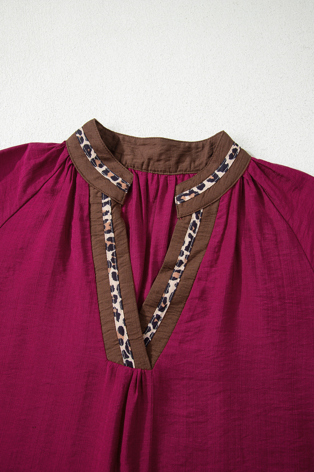 Dirty blue Leopard Trim V Neck Flounced Bracelet Sleeve Blouse