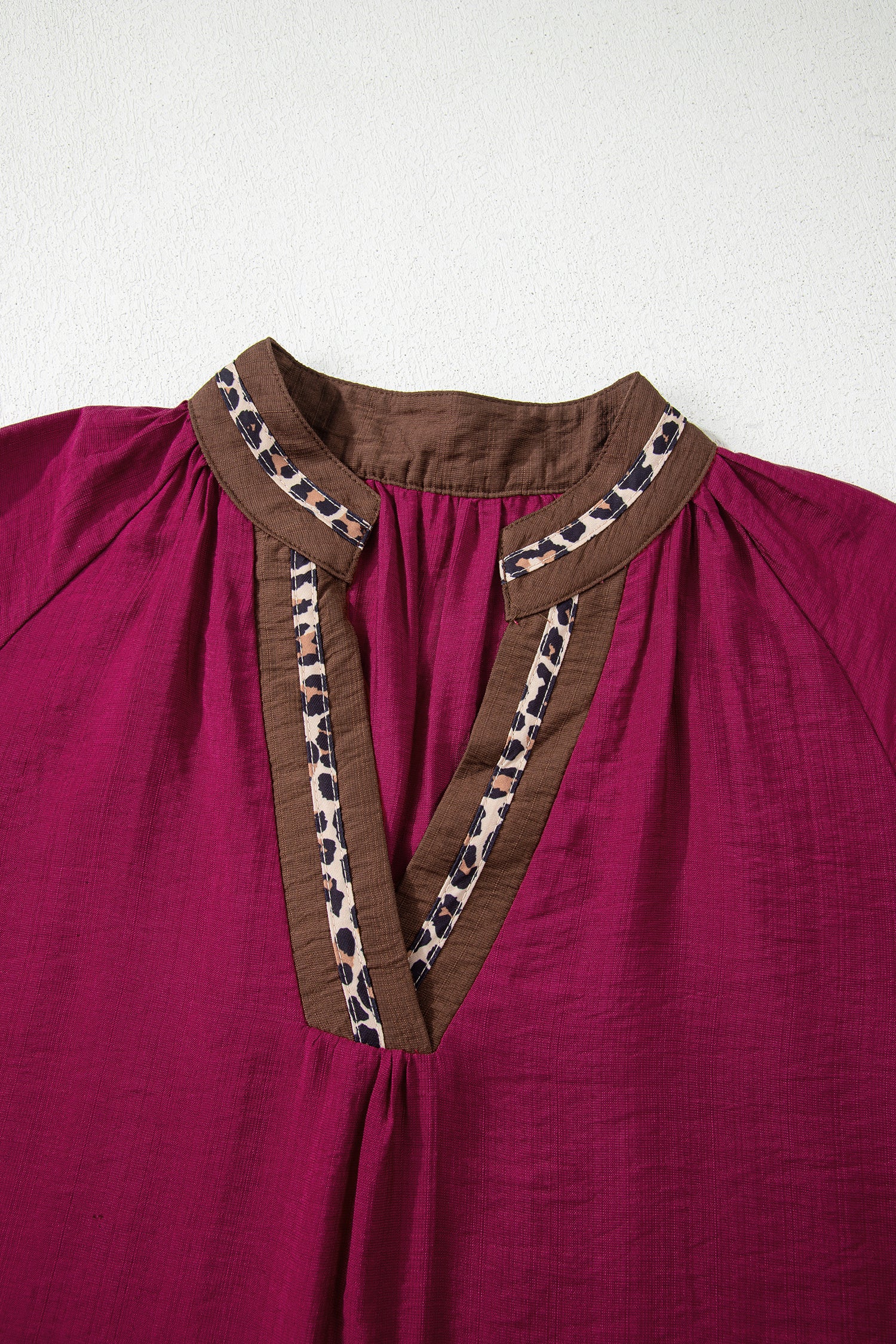 Dirty blue Leopard Trim V Neck Flounced Bracelet Sleeve Blouse