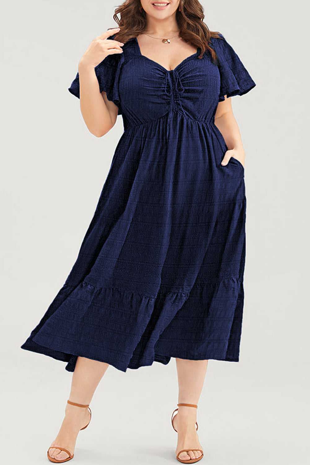 Red Plus Size Short Sleeve Lace-up High Waist Midi Dress