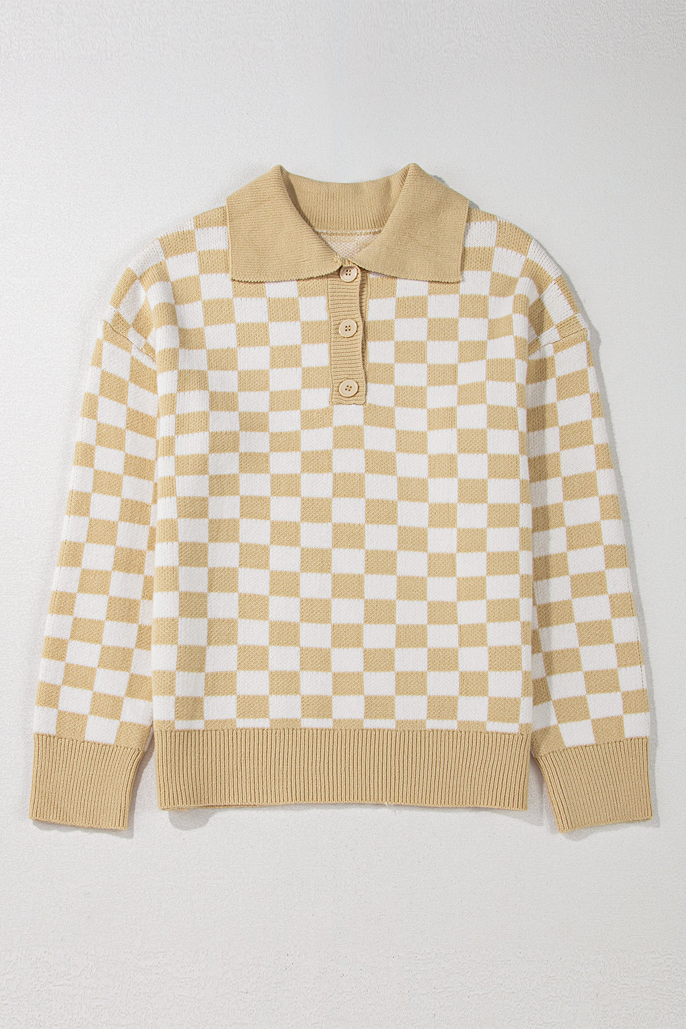 Pink Checkered Buttons Collar V Neck Drop Shoulder Sweater