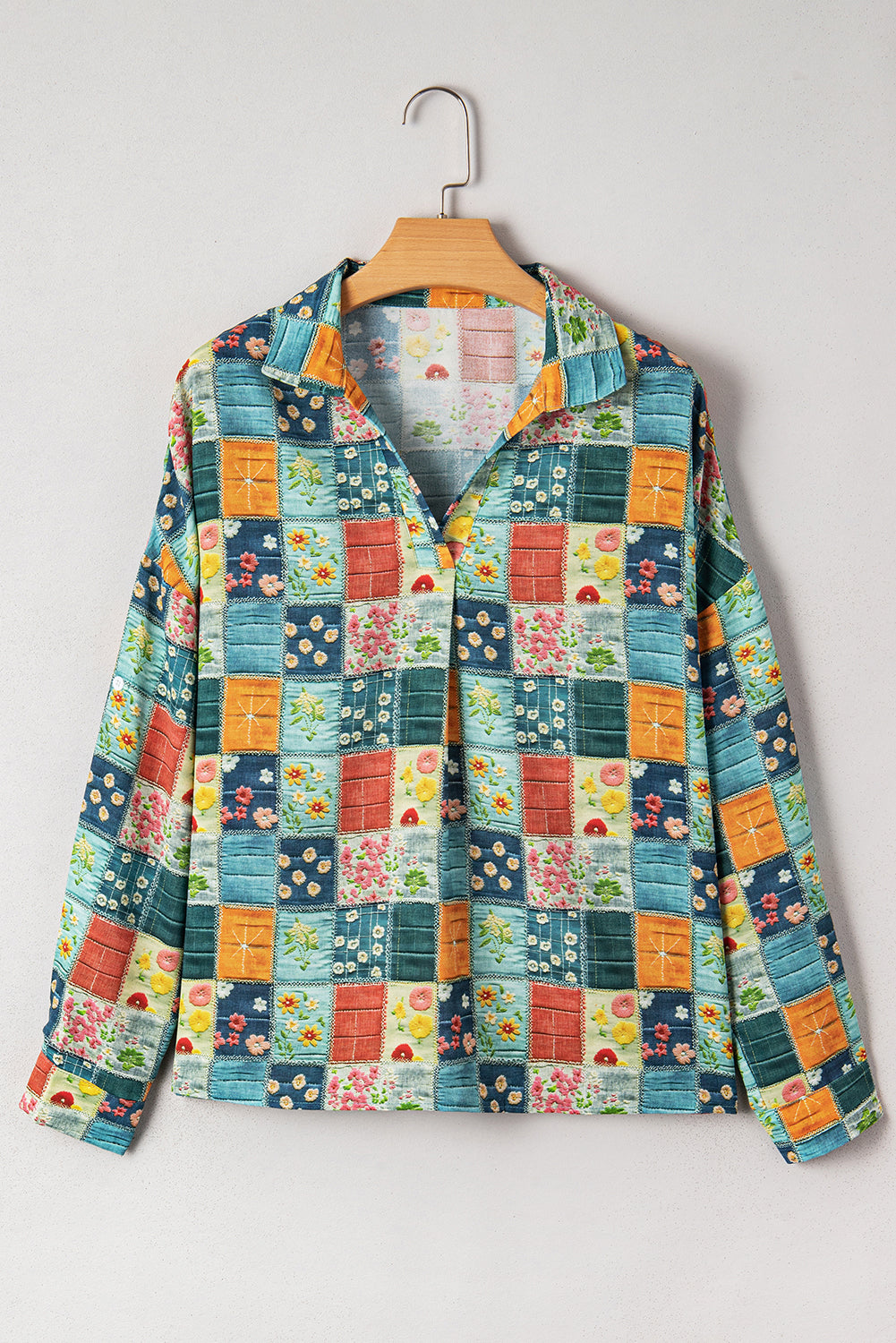 Sky Blue Mix Floral Checkered Pattern Bubble Sleeve Ruffle Hem Dress