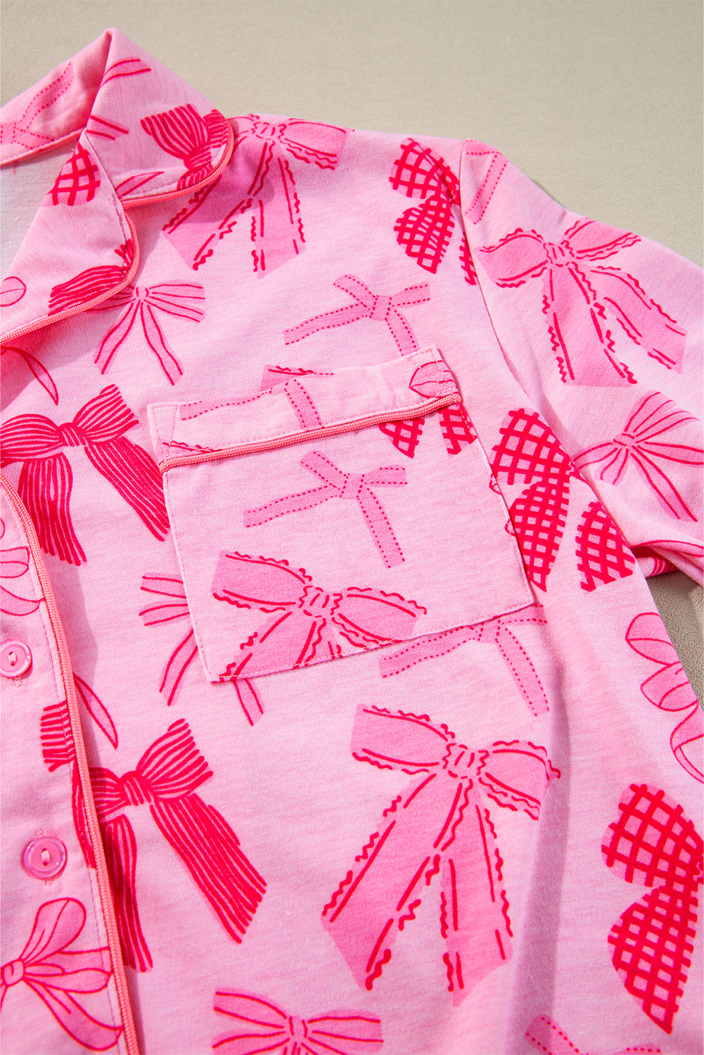 Pink Bow Print Half Sleeve Shirt and Shorts Pajamas Set