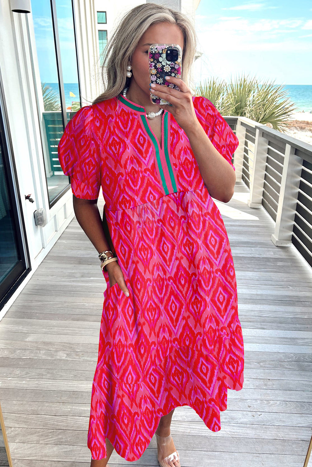 White Floral Puff Short Sleeve V Neck High Waist Maxi Dress