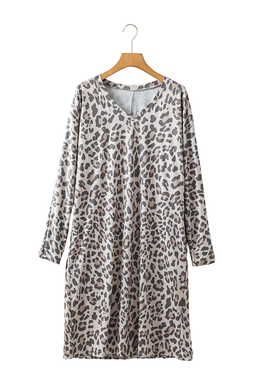 Gray Leopard Print V Neck Loose Fit Mini Dress