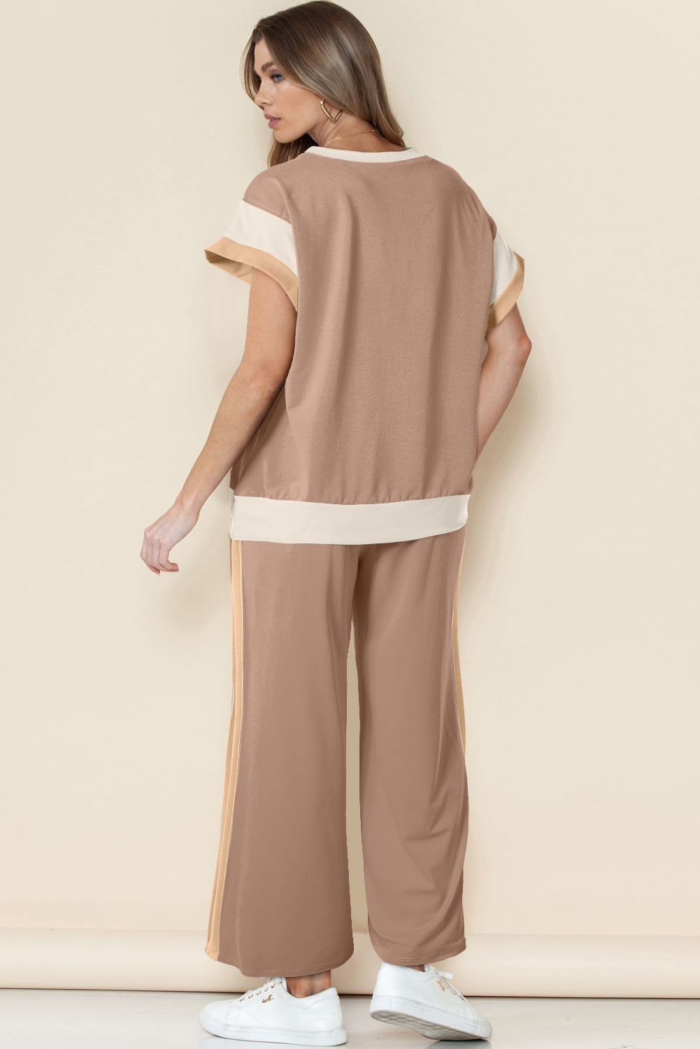 White Color Block Detail Casual Two-piece Set