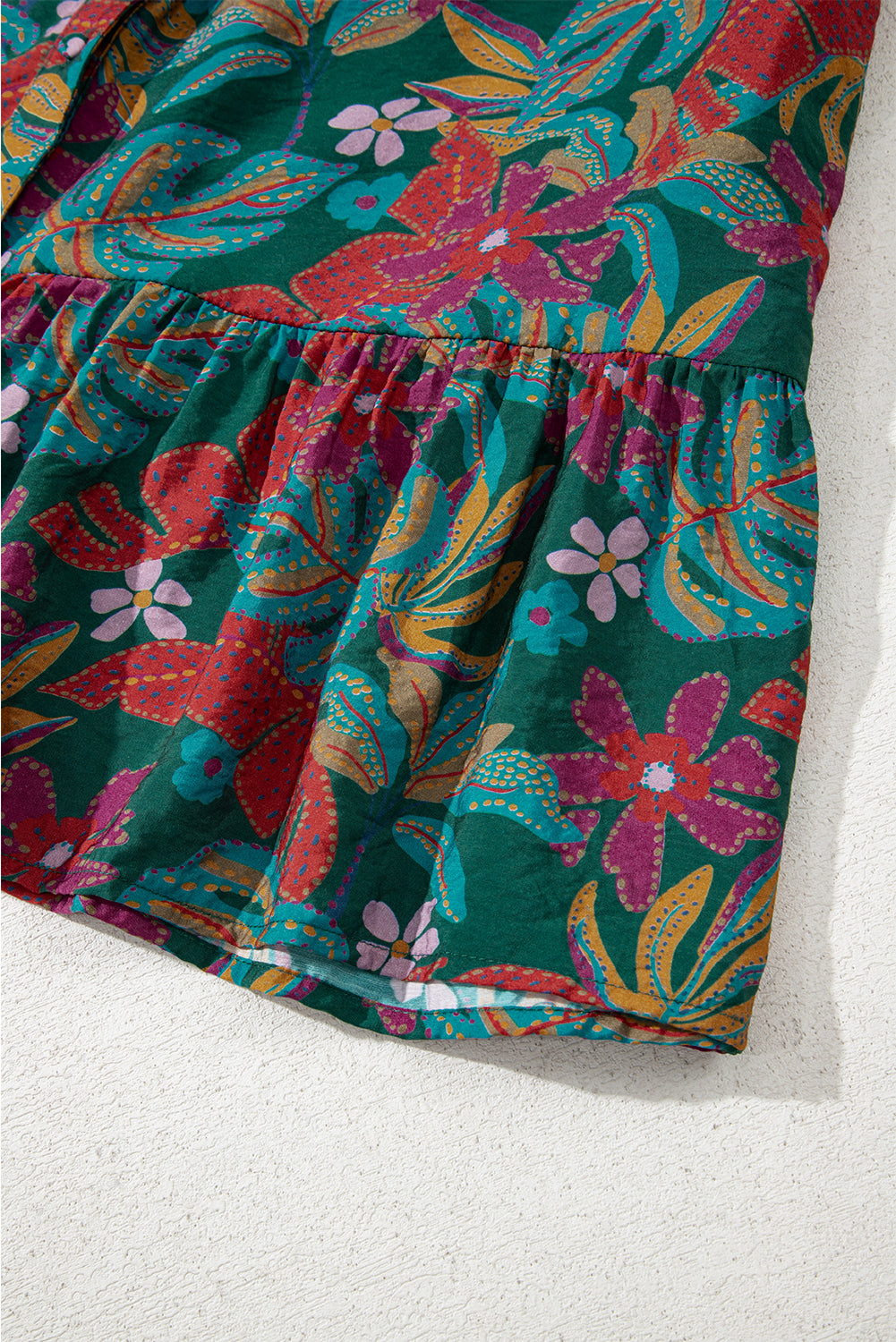 Green Floral Friled V Neck Puff Sleeve Ruffled Shirt Dress