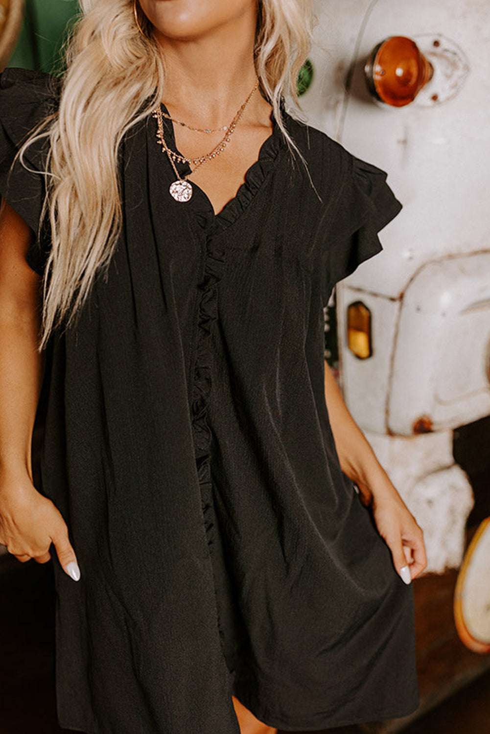 Black Frilled V Neck Pleated Ruffle Detail Short Shift Dress