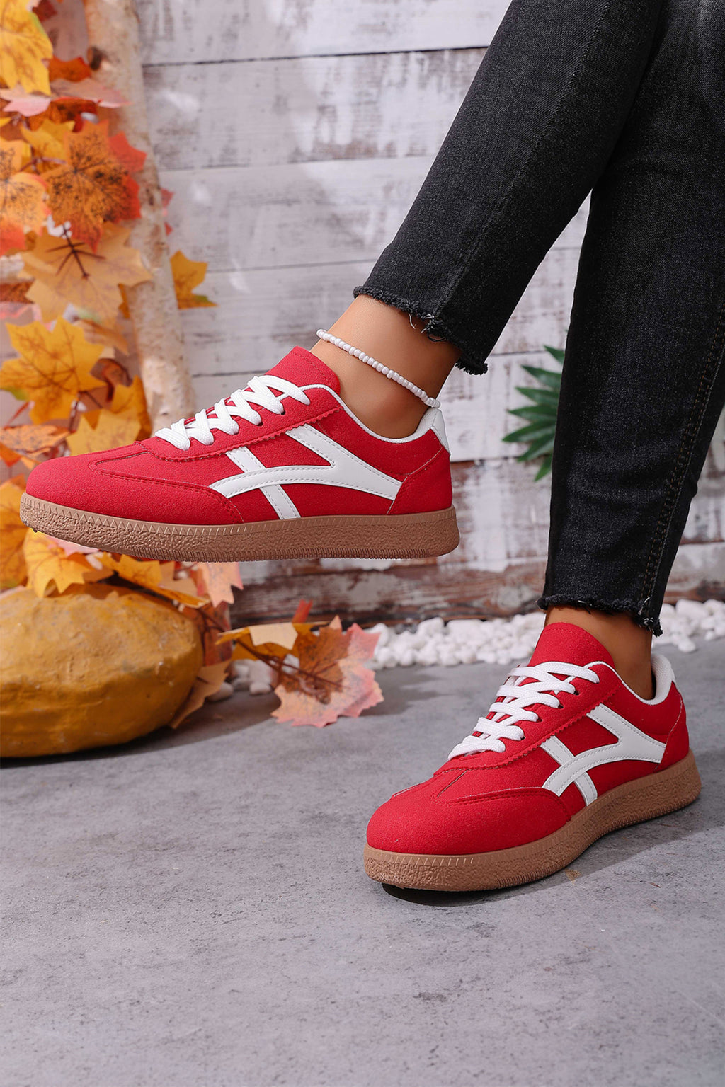 Coffee Faux Suede Contrast Patchwork Detail Lace Up Flat Sneakers
