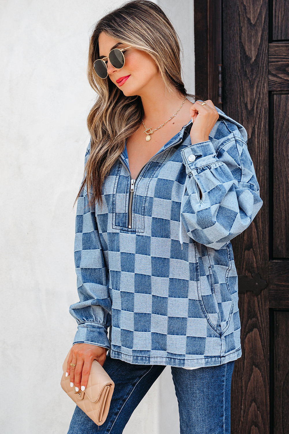 Dark Grey Checkered Denim Wide Leg Jeans
