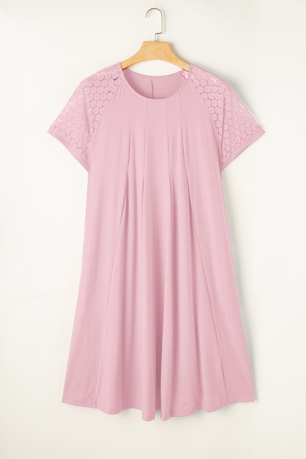 Light Pink Plus Size Solid Color Lace Short Sleeve Pleated Swing Dress