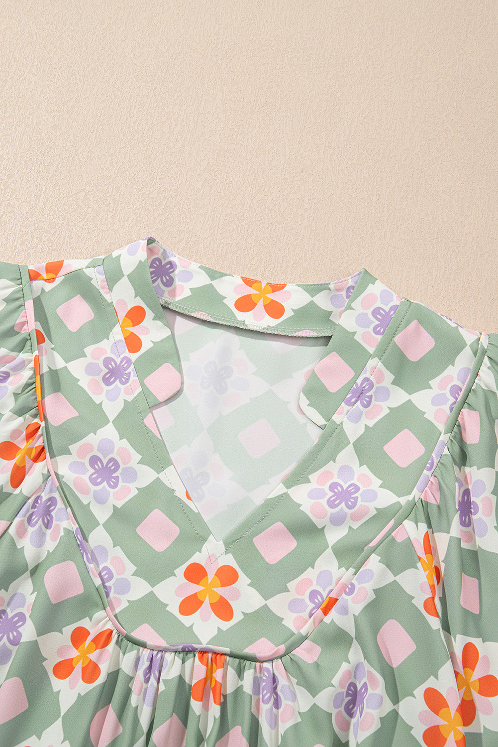 Green Geometric Floral Print Layered Flutter Sleeve V Neck Ric Rac Trim Blouse