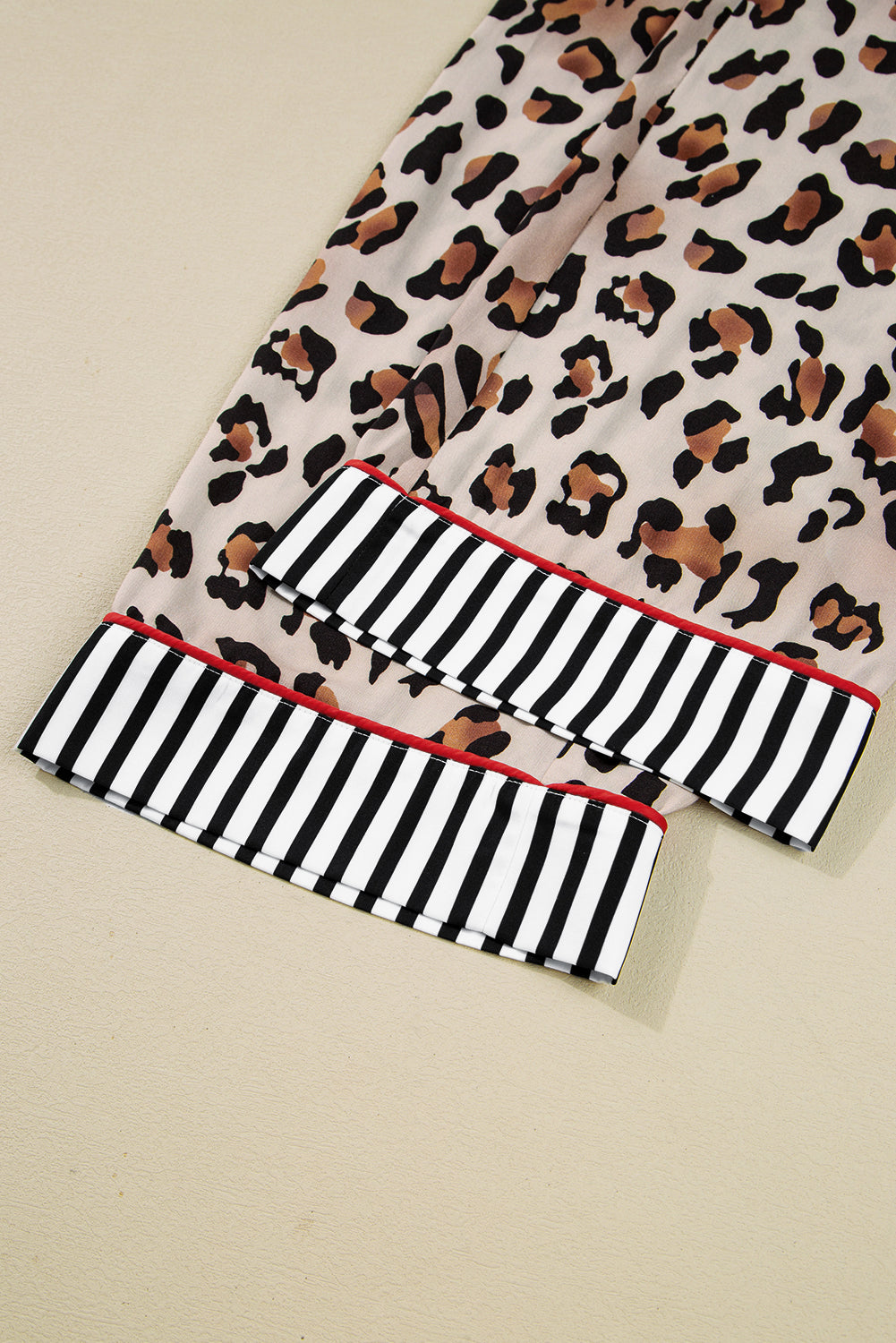 Dearlove Khaki Leopard Print Colorblock Striped Edge Shirt and Pants Pajama Set