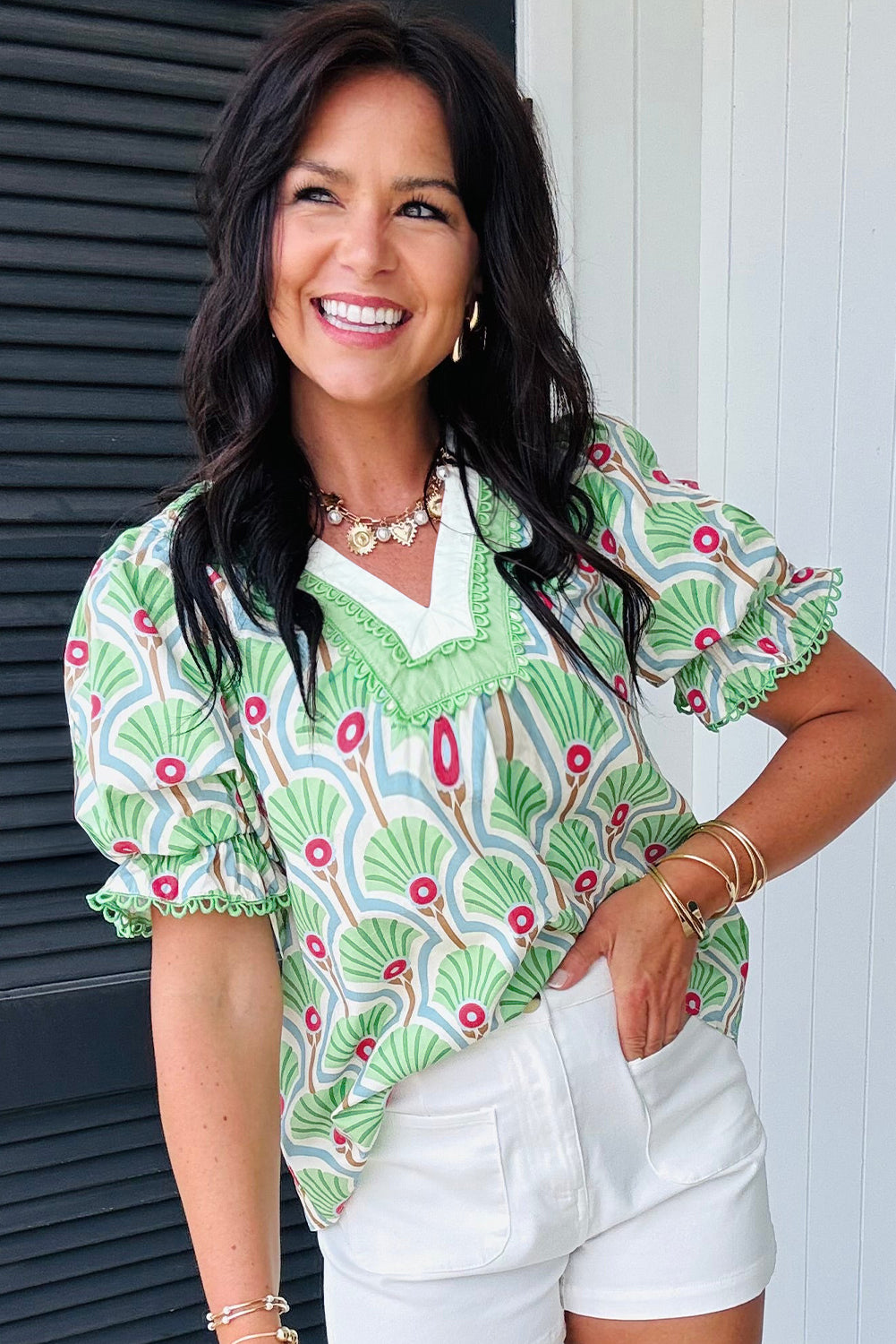Green Floral Print Ricrac Trim Contrast V Neck Bubble Sleeve Summer Blouse