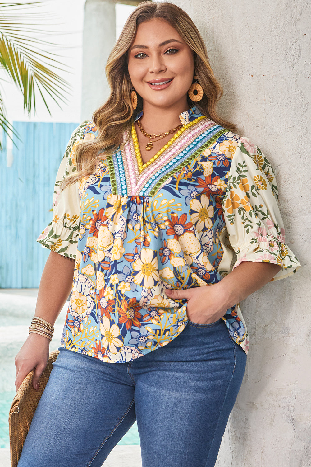 Multicolour Crochet V Neck Half Sleeve Boho Floral Blouse
