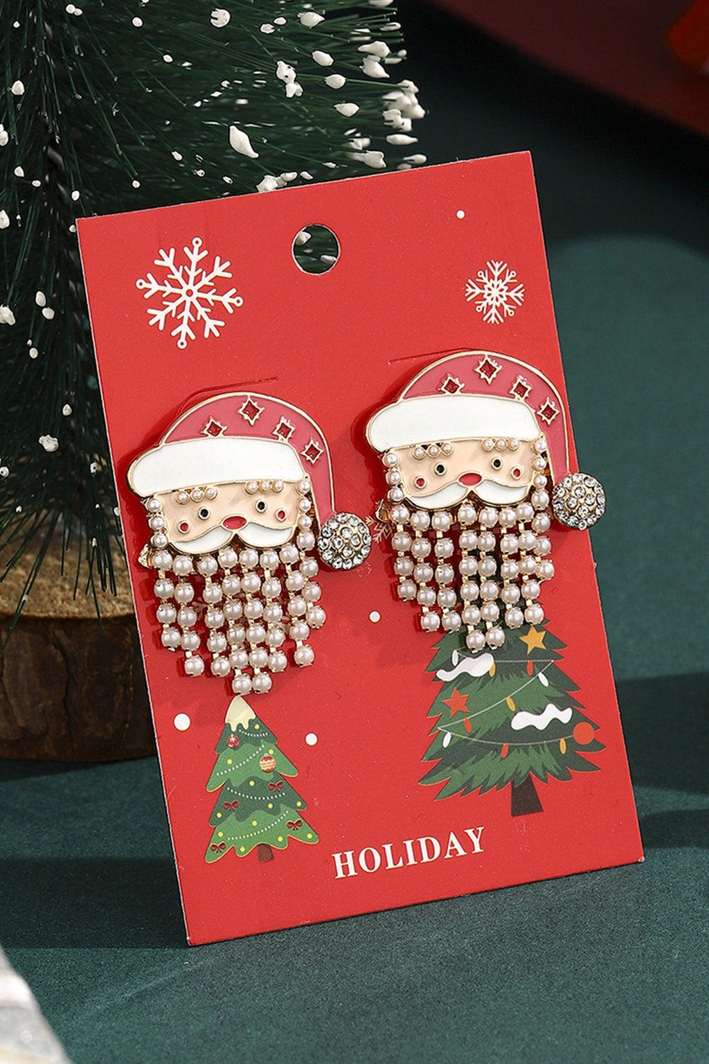 Fiery Red Pearl Beard Rhinestone Embellished Santa Claus Earrings