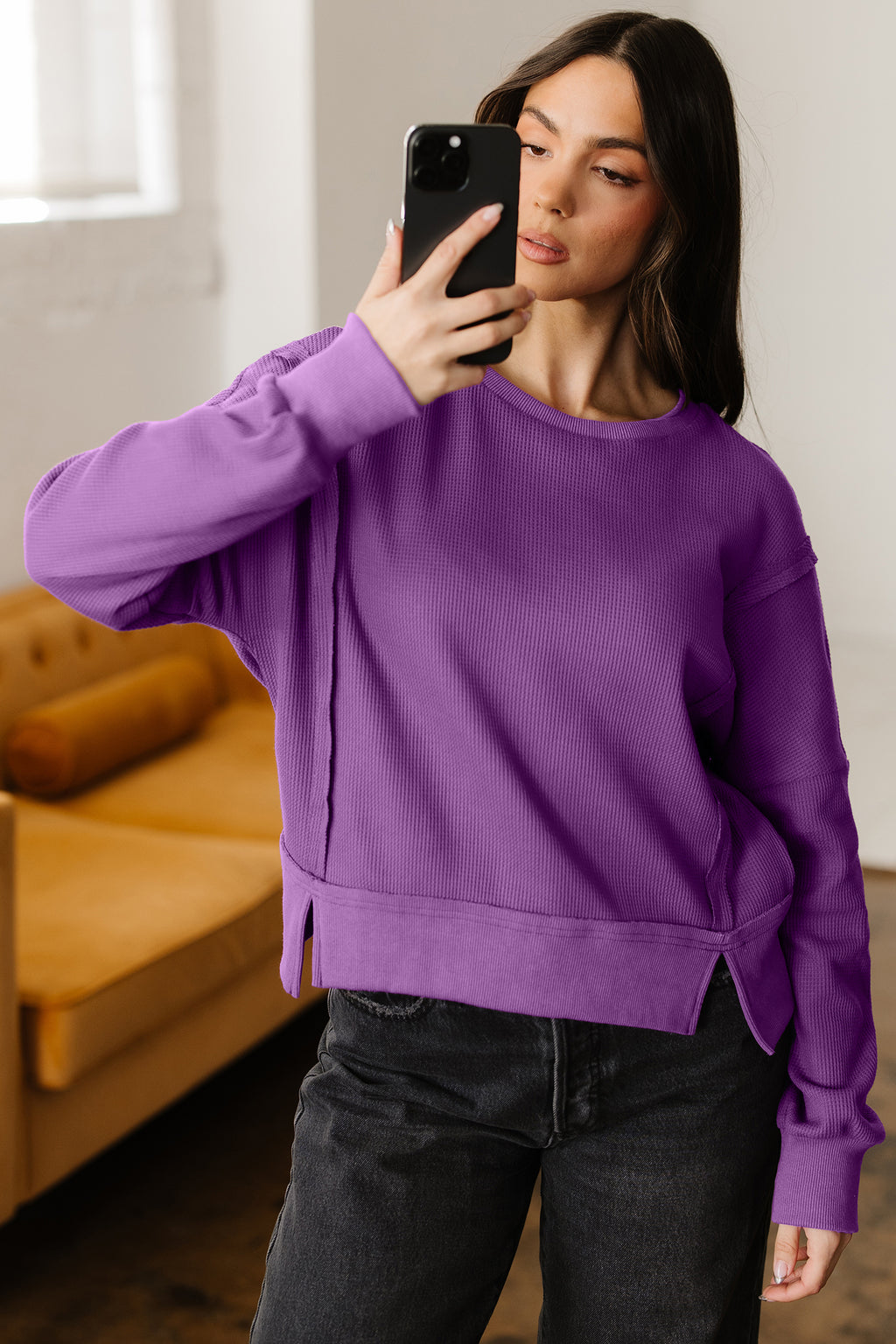 Evergreen Solid Color Raw Seam Patchwork Textured Drop Shoulder Sweatshirt