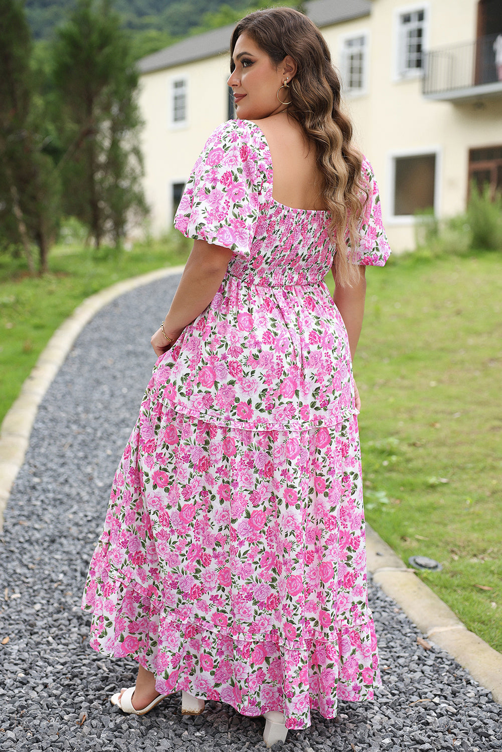Pink Dainty Floral Smocked Puff Sleeve Flowy Long Dress