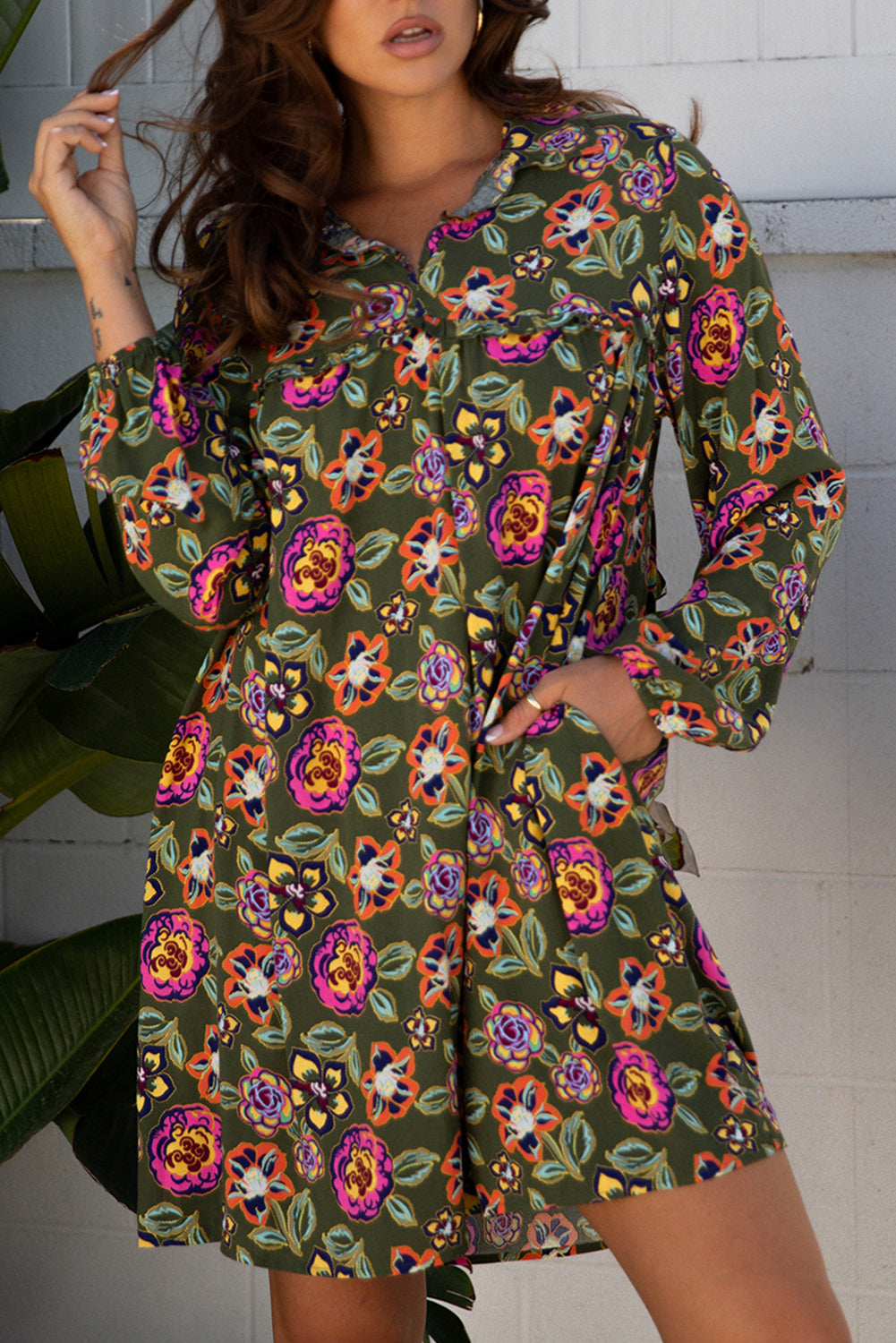 Green Plus Size Floral Print Collared V Neck Loose Mini Dress