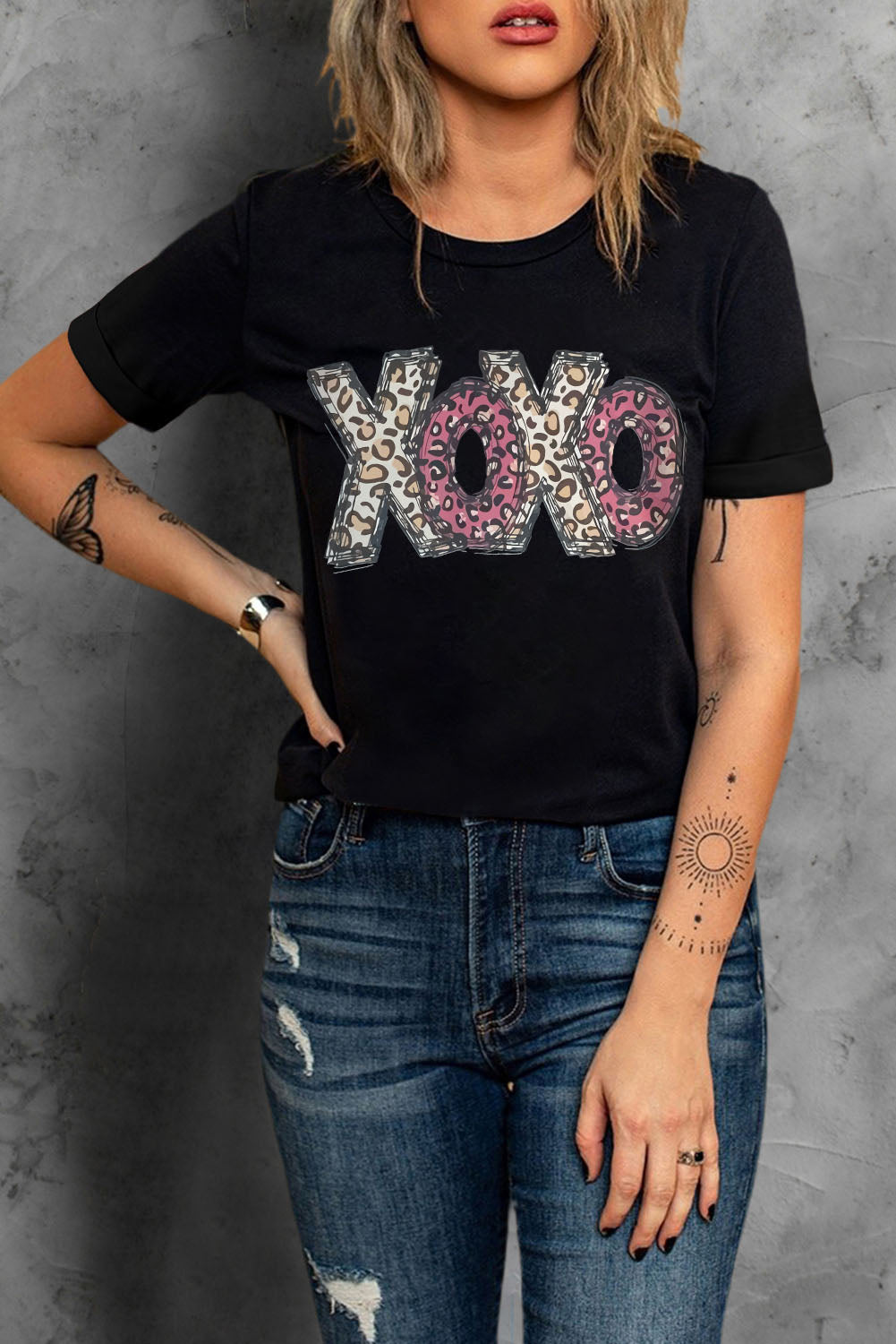 Black Leopard XOXO Print T Shirt