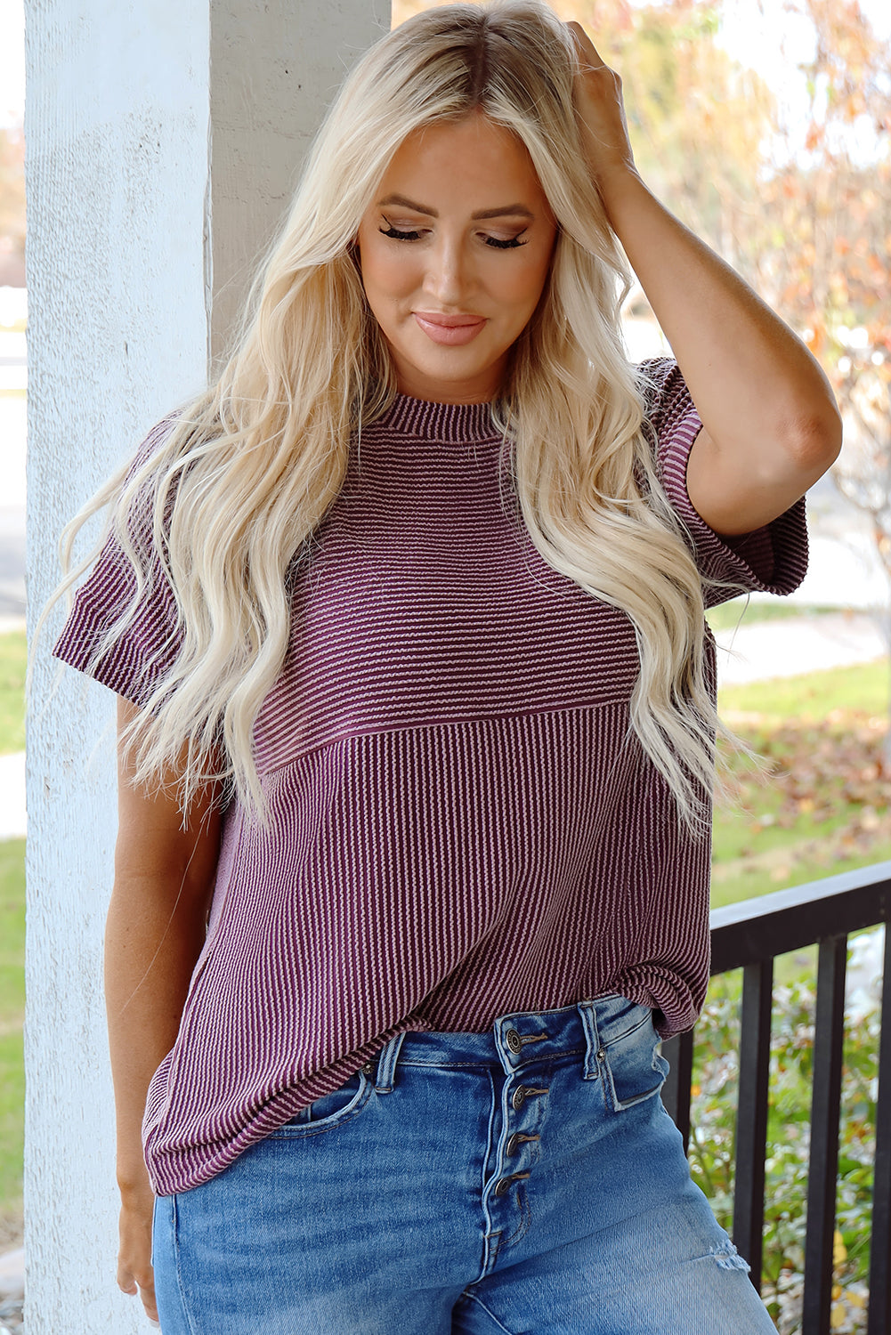 Bright Pink Plain Corded Knit Mock Neck T Shirt