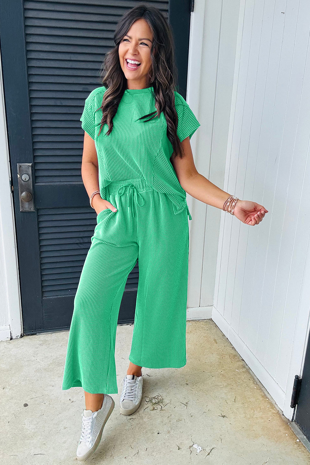 Blue Solid Corded Knit Short Sleeve T Shirt and Wide Leg Pants Set
