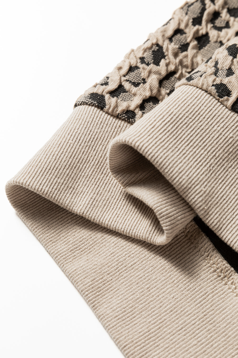 Khaki Leopard Textured Ribbed Trim Plus Size Long Sleeve Top