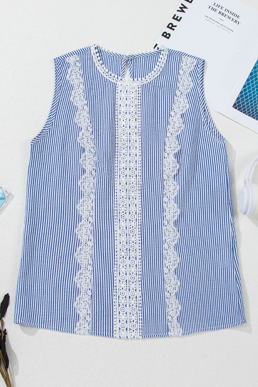 Sky Blue Stripe Floral Lace Splicing Puff Sleeve Blouse