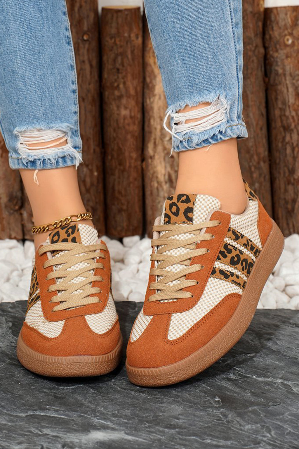 Buckskin Checkered Leopard Color Block Patchwork Lace Up Sneakers