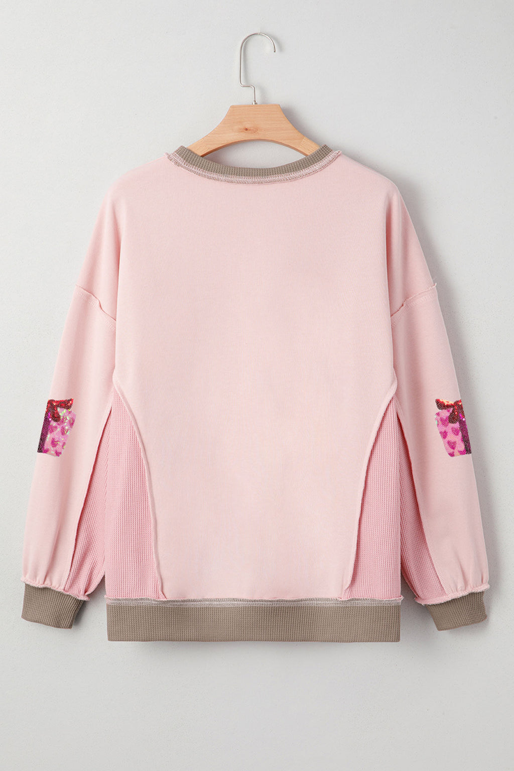Light Pink Sequin Valentines Heart Gift Box Waffle Color Block Patchwork Sweatshirt