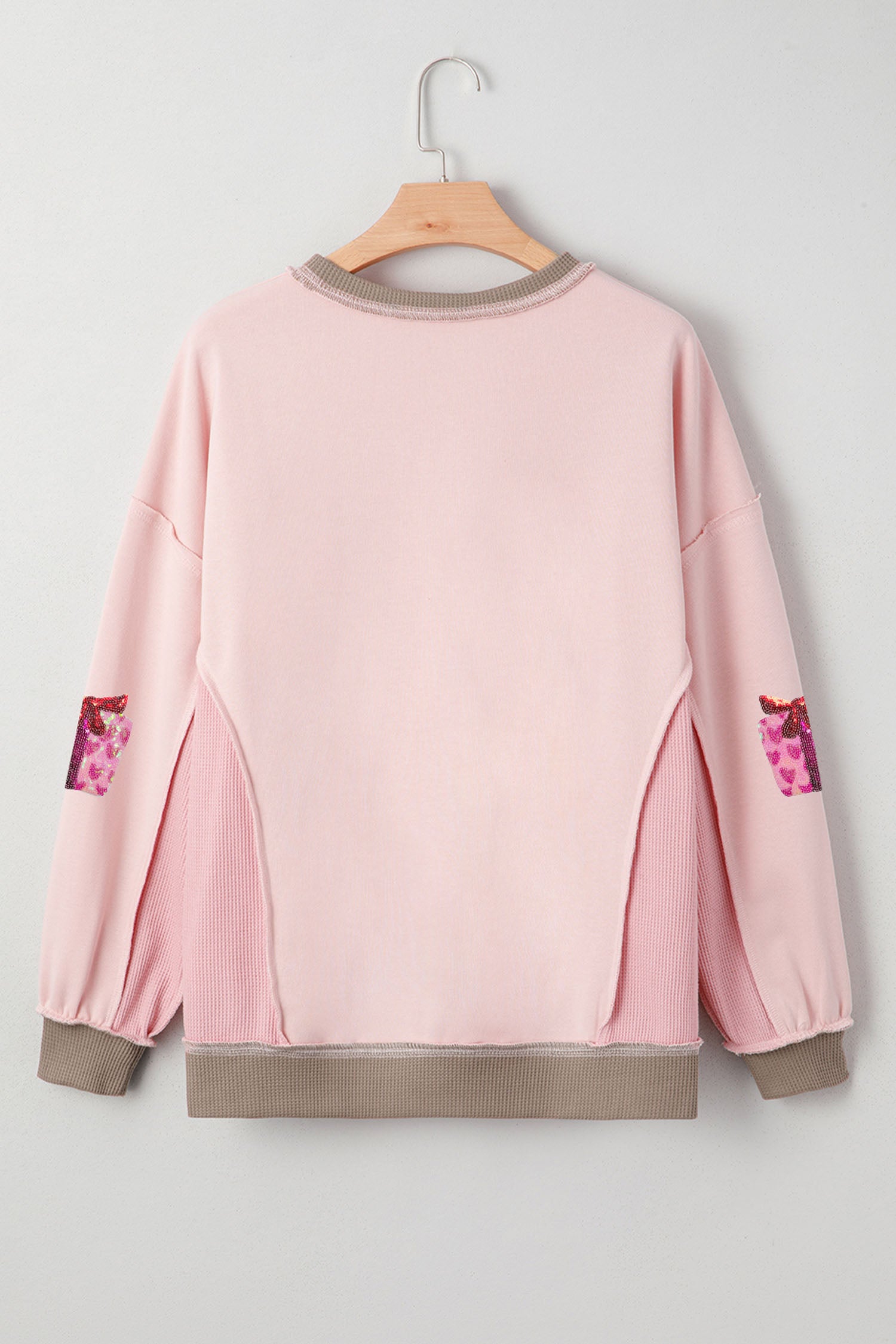 Light Pink Sequin Valentines Heart Gift Box Waffle Color Block Patchwork Sweatshirt